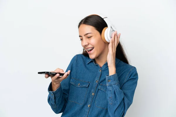 Giovane Ragazza Francese Isolata Sfondo Bianco Ascoltare Musica Con Cellulare — Foto Stock