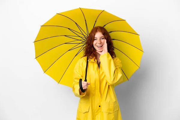 Teenager Redhead Girl Rainproof Coat Umbrella Isolated White Background Surprise — Stock Photo, Image
