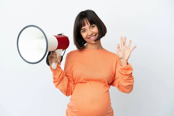 Young Mixed Race Pregnant Woman Isolated White Background Holding Megaphone — Stock fotografie