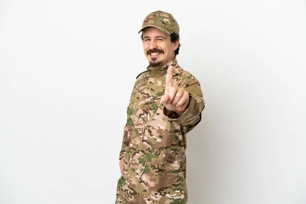 Soldat Man Isolerad Vit Bakgrund Visar Och Lyfta Ett Finger — Stockfoto