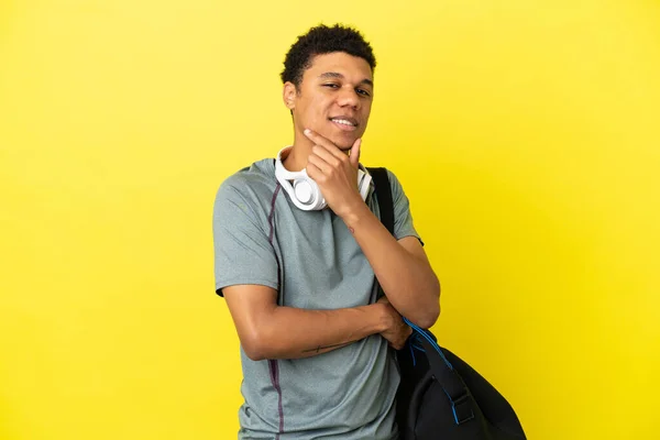 Young Sport African American Man Sport Bag Isolated Yellow Background — Foto Stock