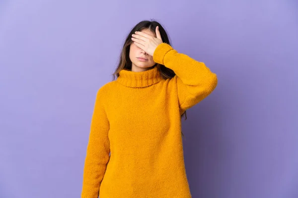 Young Caucasian Woman Isolated Purple Background Covering Eyes Hands Want — Stock Photo, Image