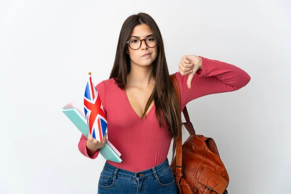 Adolescente Brasileiro Menina Segurando Uma Bandeira Reino Unido Isolado Fundo — Fotografia de Stock