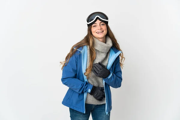 Chica Esquiadora Con Gafas Snowboard Aisladas Sobre Fondo Blanco Sonriendo —  Fotos de Stock
