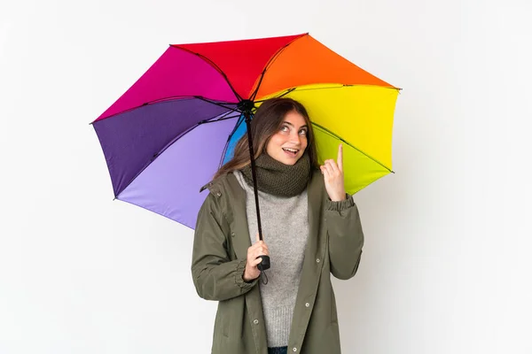 Beyaz Arka Planda Şemsiyesi Olan Beyaz Saçlı Genç Bir Kadın — Stok fotoğraf