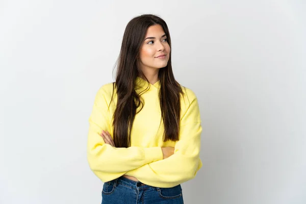 Adolescente Menina Brasileira Isolada Fundo Branco Olhando Para Lado — Fotografia de Stock