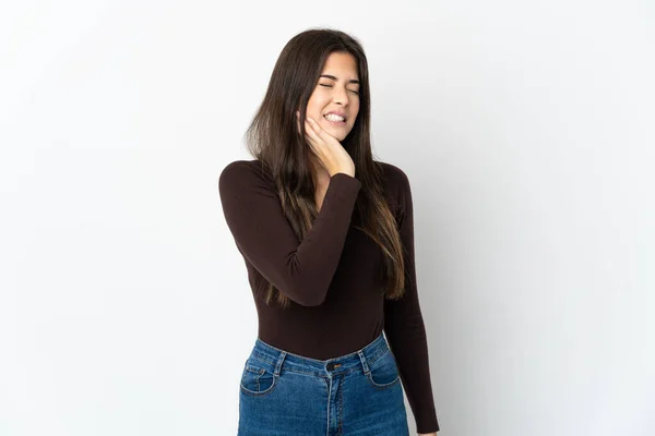 Adolescente Menina Brasileira Isolada Fundo Branco Com Dor Dente — Fotografia de Stock