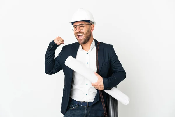 Architetto Uomo Con Casco Tenere Cianografie Isolate Sfondo Bianco Che — Foto Stock