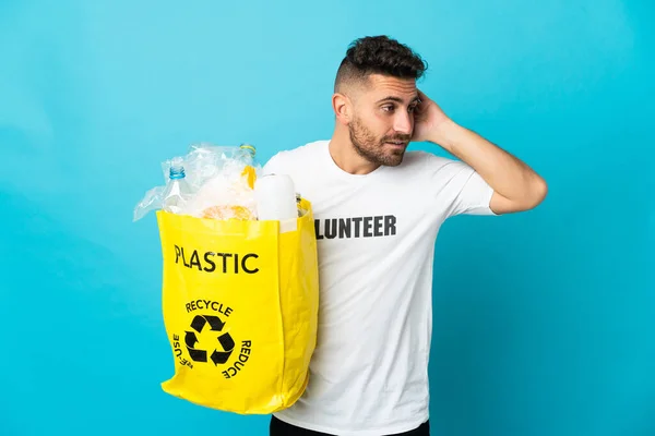 Caucasian Man Holding Bag Full Plastic Bottles Recycle Isolated Blue — Stock Photo, Image