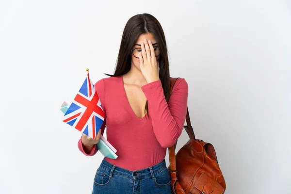 Teenager Brasilianisches Mädchen Mit Einer Britischen Flagge Auf Weißem Hintergrund — Stockfoto