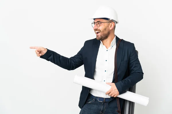 Architekt Mit Helm Und Bauplänen Auf Weißem Hintergrund Der Mit — Stockfoto