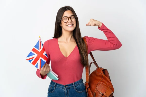 Adolescente Brasileiro Menina Segurando Uma Bandeira Reino Unido Isolado Fundo — Fotografia de Stock