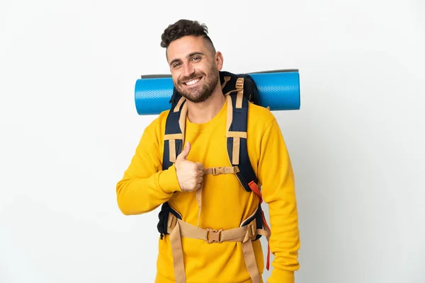 Jovem Montanhista Homem Com Uma Grande Mochila Sobre Fundo Isolado — Fotografia de Stock