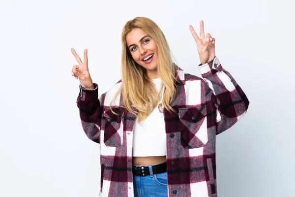 Jovem Mulher Loira Uruguaia Sobre Fundo Branco Isolado Mostrando Sinal — Fotografia de Stock