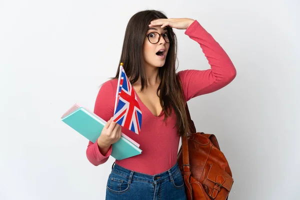 Teenager Brazilské Dívka Drží Vlajku Spojeného Království Izolované Bílém Pozadí — Stock fotografie
