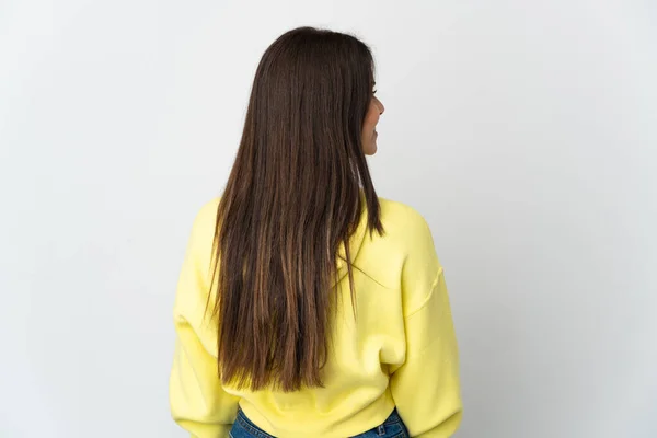 Adolescente Brasileiro Menina Isolada Fundo Branco Posição Traseira Olhando Lado — Fotografia de Stock