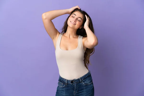 Young Caucasian Woman Isolated Purple Background Laughing — Stock Photo, Image