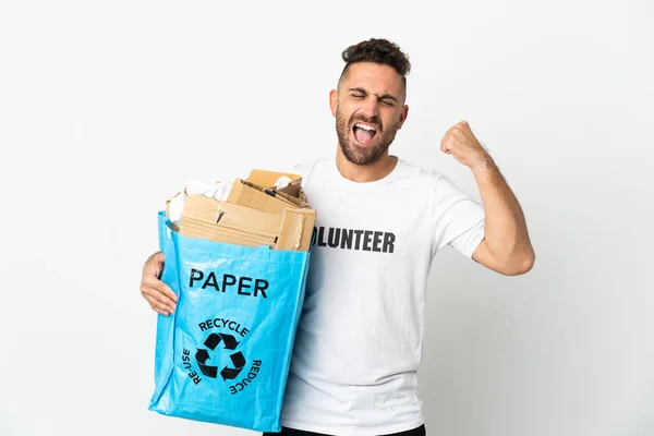 Hombre Caucásico Sosteniendo Una Bolsa Reciclaje Llena Papel Para Reciclar —  Fotos de Stock