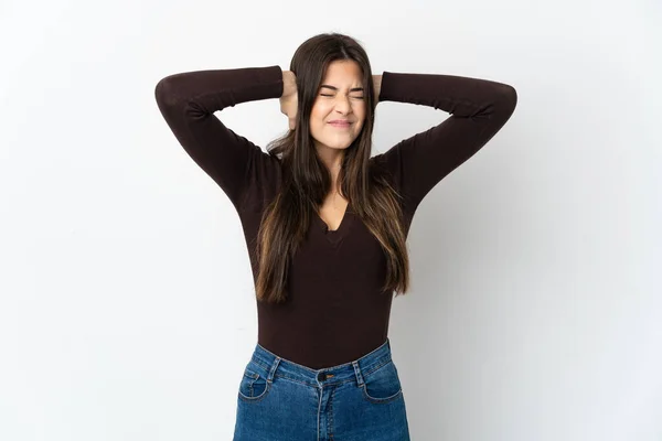 Teenager Brazilian Girl Isolated White Background Frustrated Covering Ears — Stock Photo, Image