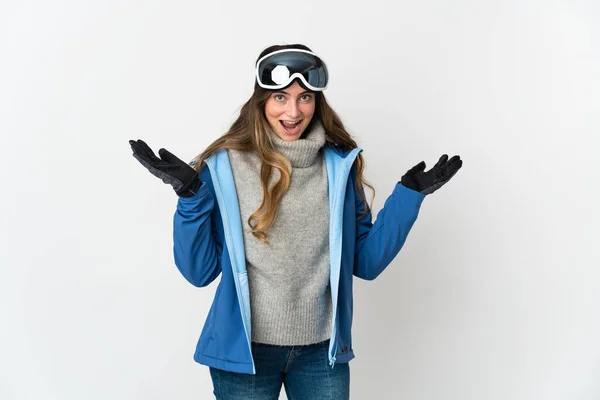 Chica Esquiadora Con Gafas Snowboard Aisladas Sobre Fondo Blanco Con —  Fotos de Stock