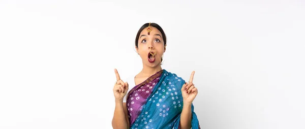 Young Indian Woman Isolated White Background Surprised Pointing — Stock Photo, Image