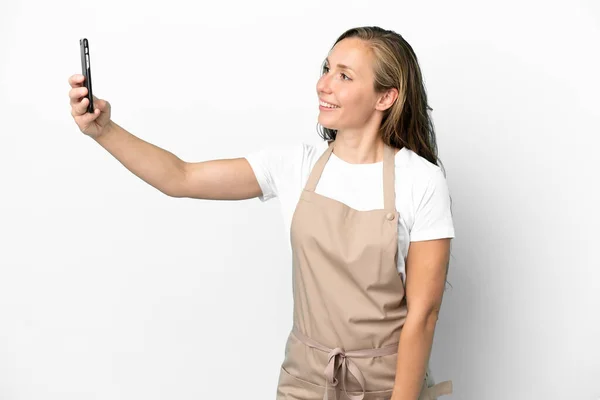 Restaurant Waiter Caucasian Woman Isolated White Background Making Selfie — Zdjęcie stockowe