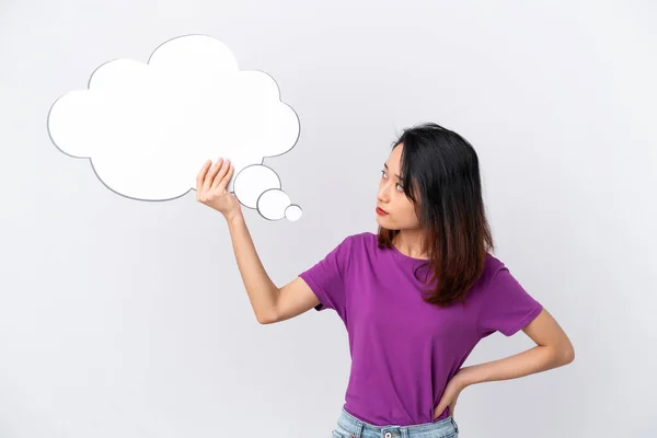 Young Vietnamese Woman Isolated White Background Holding Thinking Speech Bubble — Stock Photo, Image