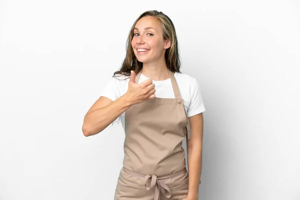 Restaurant Waiter Caucasian Woman Isolated White Background Giving Thumbs Gesture — Stock Photo, Image