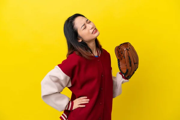 Young Vietnamese Player Woman Baseball Glove Isolated Yellow Background Suffering — Stock Photo, Image