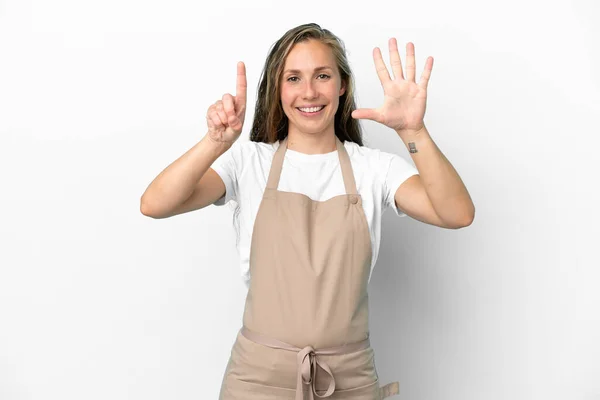 Restaurant Waiter Caucasian Woman Isolated White Background Counting Six Fingers — Zdjęcie stockowe