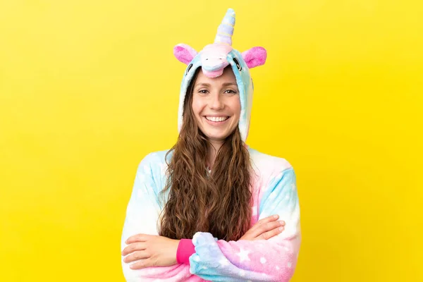 Girl Unicorn Pajamas Isolated Background Keeping Arms Crossed Frontal Position — Stock Photo, Image