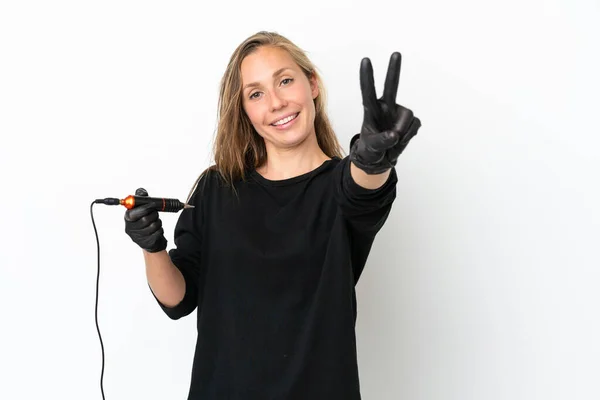 Tattoo Artist Woman Isolated White Background Smiling Showing Victory Sign — Foto Stock