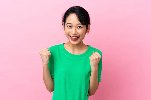 Young Vietnamese Woman Isolated Pink Background Celebrating Victory Winner Position — Photo