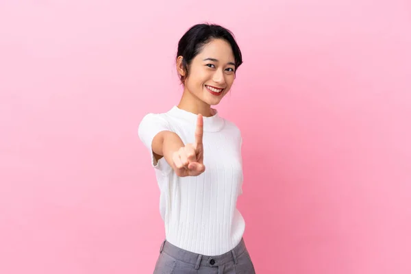 Young Vietnamese Woman Isolated Pink Background Showing Lifting Finger — Φωτογραφία Αρχείου