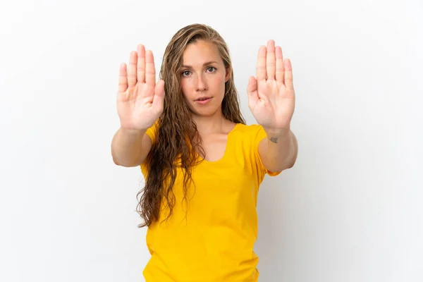 Young Caucasian Woman Isolated White Background Making Stop Gesture Disappointed — Stock Photo, Image