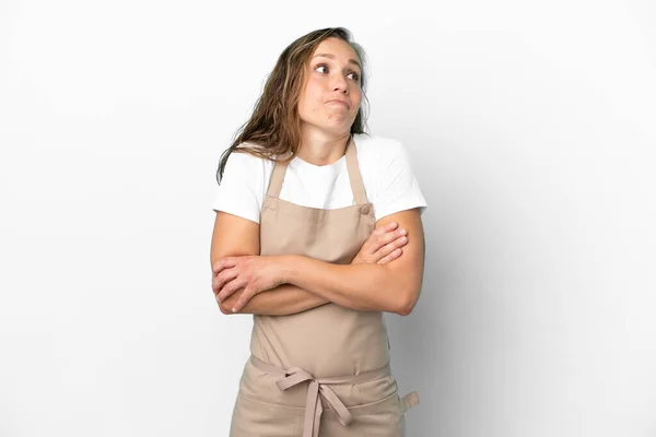 Restaurant Waiter Caucasian Woman Isolated White Background Making Doubts Gesture — Zdjęcie stockowe