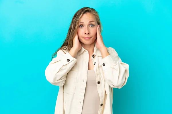 Young Caucasian Woman Isolated Blue Background Frustrated Covering Ears — Stock Photo, Image