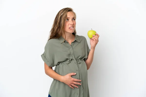 Young Caucasian Woman Isolated White Background Pregnant Frustrated While Holding — Fotografia de Stock
