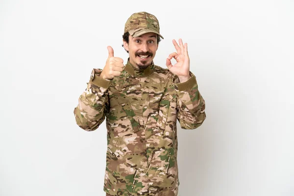Soldat Izolat Fundal Alb Care Arată Semn Degetul Mare Sus — Fotografie, imagine de stoc