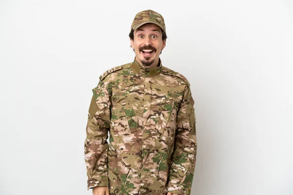 Soldat Man Isolerad Vit Bakgrund Med Överraskning Ansiktsuttryck — Stockfoto