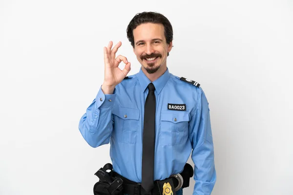 Jonge Politieman Geïsoleerde Achtergrond Wit Tonen Teken Met Vingers — Stockfoto