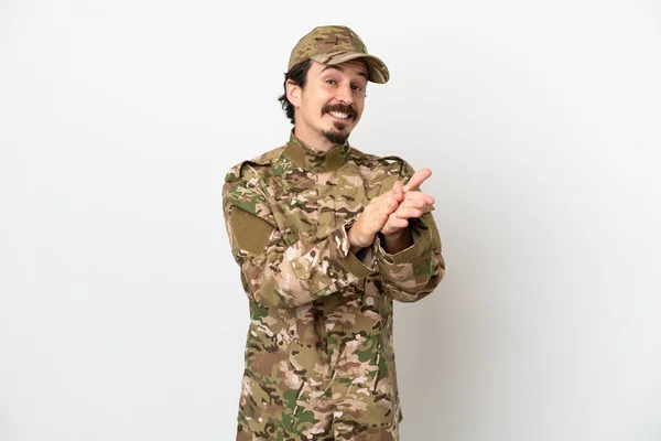 Soldado Aislado Sobre Fondo Blanco Aplaudiendo Después Presentación Una Conferencia — Foto de Stock