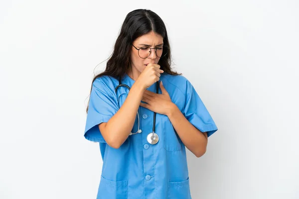 Giovane Medico Chirurgo Donna Caucasica Isolato Sfondo Bianco Soffre Tosse — Foto Stock