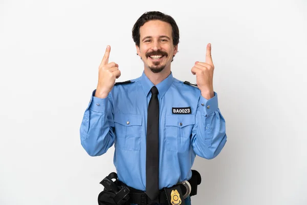 Young Police Man Isolated Background White Pointing Great Idea — Stock Photo, Image