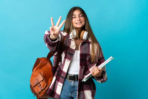 Jovem Estudante Mulher Isolada Fundo Azul Feliz Contando Três Com — Fotografia de Stock