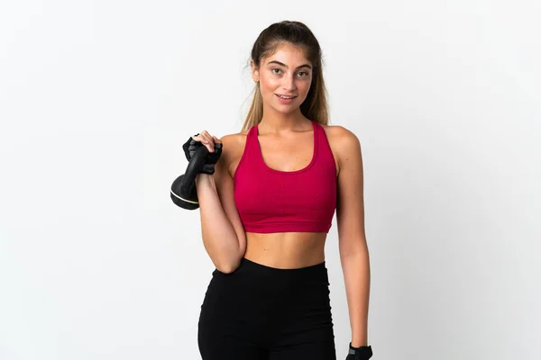 Jonge Kaukasische Vrouw Geïsoleerd Witte Achtergrond Maken Gewichtheffen Met Kettlebell — Stockfoto