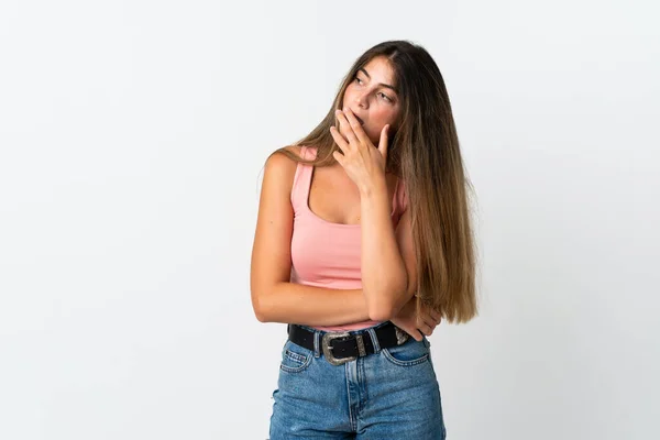 Young Caucasian Woman Isolated White Background Doing Surprise Gesture While — Stock Photo, Image