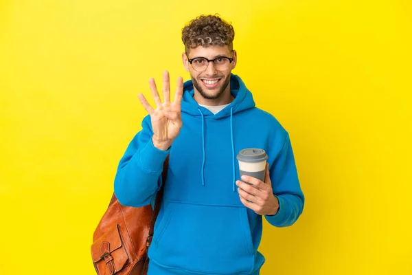 Junge Studentin Blonde Mann Isoliert Auf Gelbem Hintergrund Glücklich Und — Stockfoto