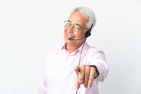 Telemarketer Homem Meia Idade Trabalhando Com Fone Ouvido Isolado Fundo — Fotografia de Stock