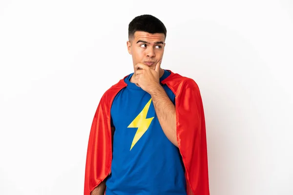 Super Hero Isolated White Background Having Doubts Confuse Face Expression — Stock Photo, Image